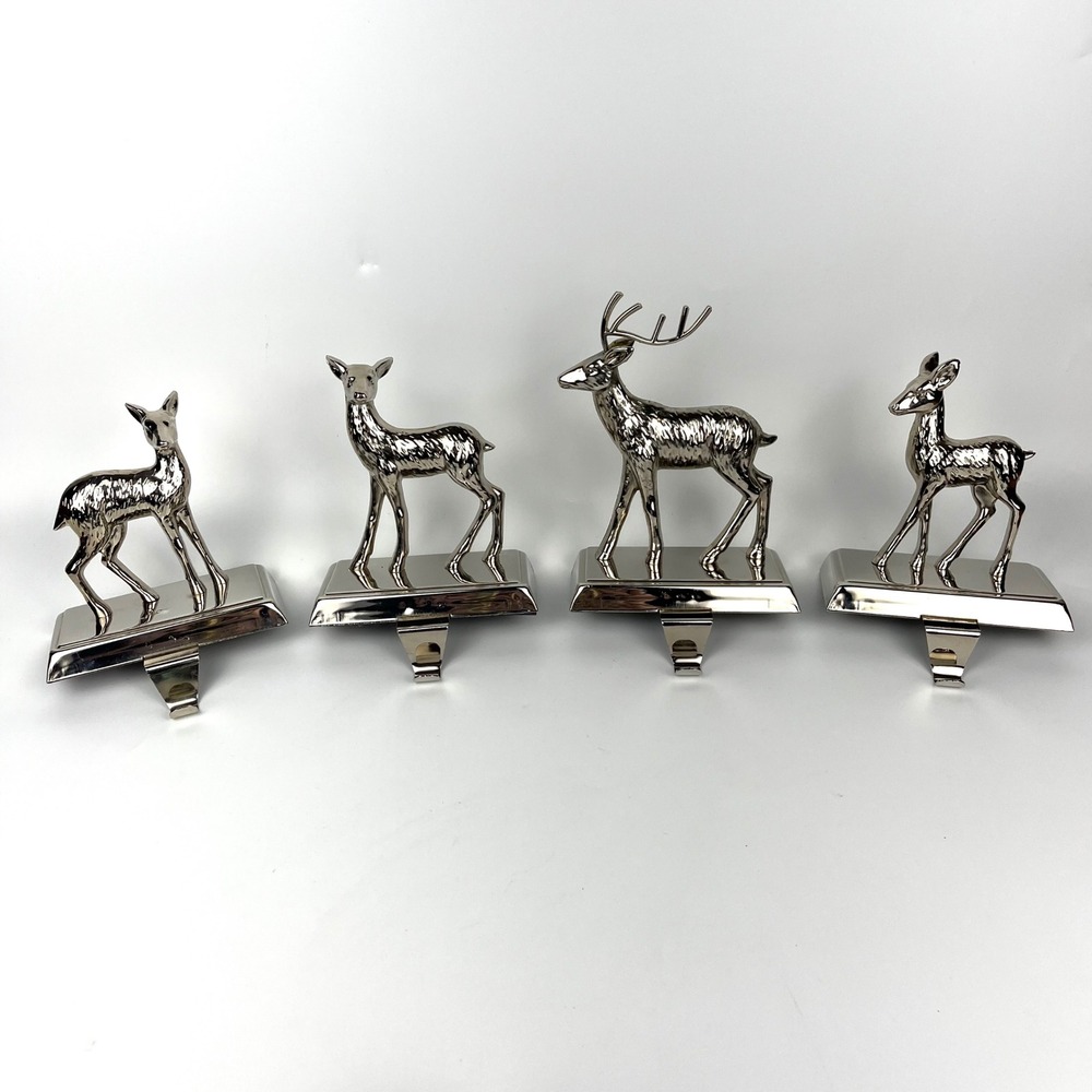 Vtg Set 4 Silver Reindeer Stocking Holders Christmas Decor Farmhouse Country EUC